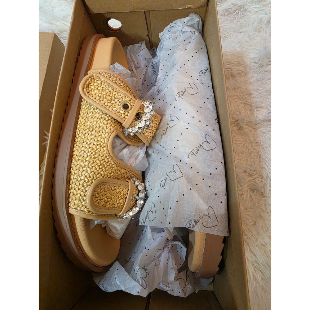 NWT RACHEL Rachel Roy Matcha Crystal Embellished Raffia Slide Sandals - Size 6.5